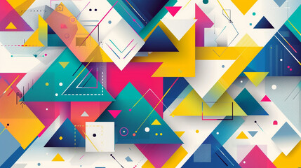 Abstract geometric background with colorful triangles and squares. In the style of graphic illustration on a white background, 