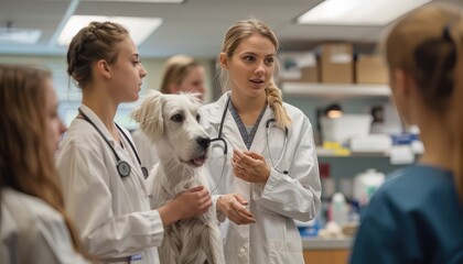 Veterinary Education and Training, This prompt features a group of veterinary students or professionals engaged in a learning activity