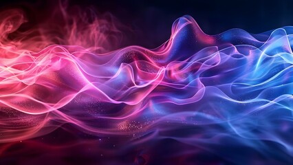 Obraz premium Holographic iridescent wave of liquid glass on dark background - D render gradient design. Concept 3D Render, Iridescent Design, Liquid Glass, Holographic Effect, Dark Background