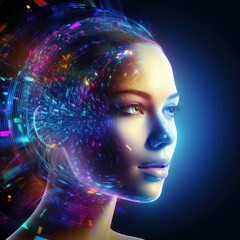 Futuristic glowing lines around woman's face on futuristic background in digital art concept