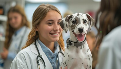 Veterinary Education and Training, features a group of veterinary students or professionals engaged in a learning activity, such as attending a lecture, participating in a laboratory session
