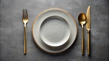Empty plate and golden cutlery on grey background. Top view.