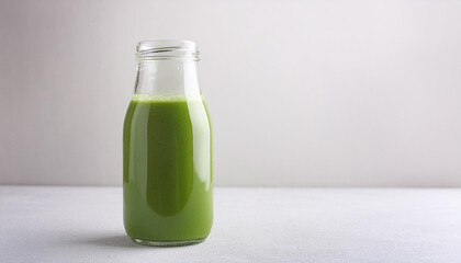Refreshing green smoothie in glass bottle on table. Healthy and tasty drink. Delicious beverage.