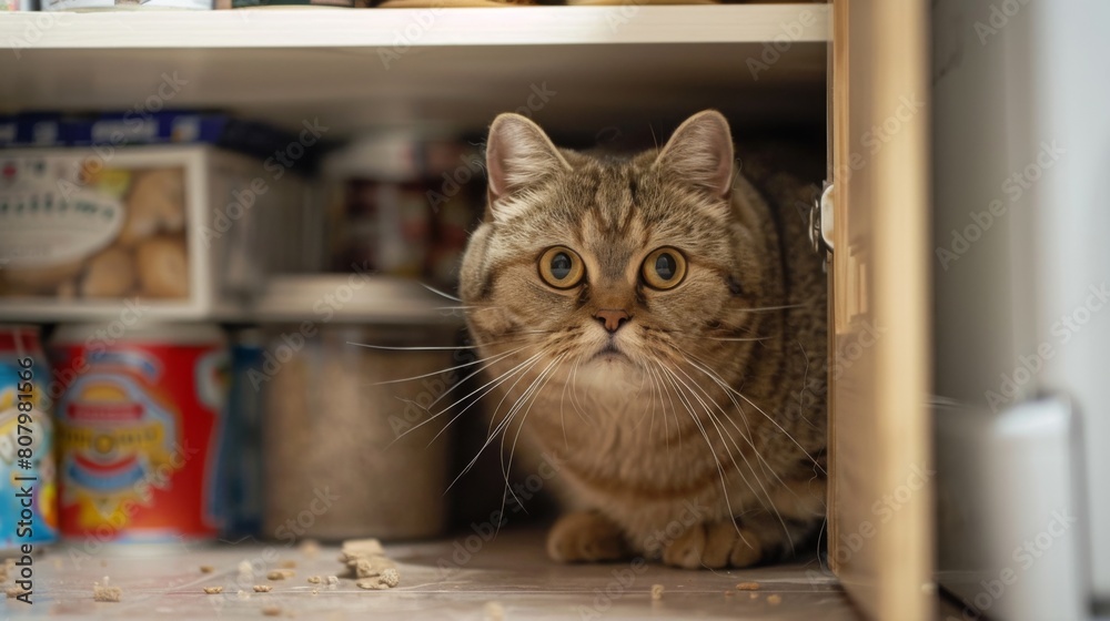 Poster a chubby cat with a guilty expression caught in the act of raiding the pantry