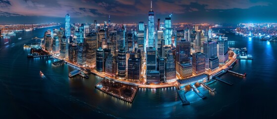 Aerial view of New York City's night skyline with Manhattan landmarks, skyscrapers, and residential buildings. Wide Angle Panoramic Helicopter View.