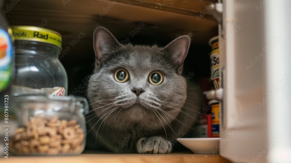 Poster A chubby cat with a guilty expression caught in the act of raiding the pantry