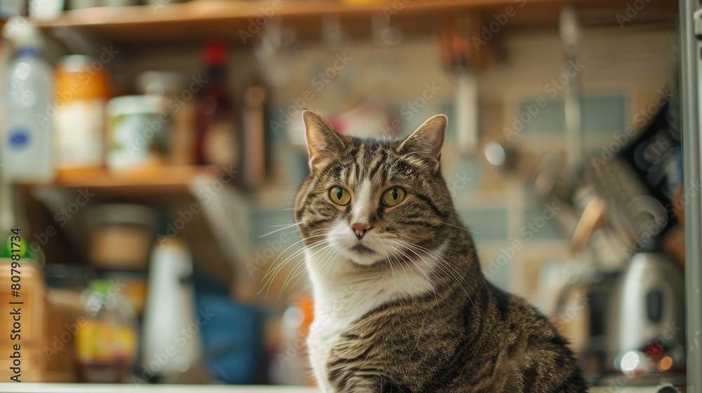 Poster A chubby cat with a guilty expression caught in the act of raiding the pantry