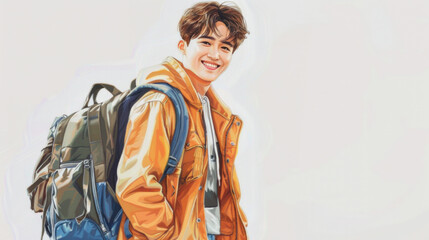 Smiling Asian man with brown hair and backpack Wear casual, fashionable clothes, a colored hoodie, blue jeans