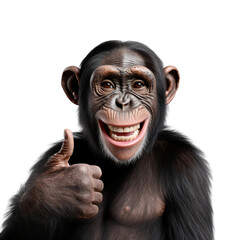 Funny chimpanzee face, smiling and showing thumbs up gesture, isolated on transparent background