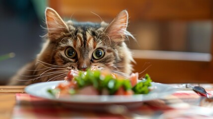 A chubby tabby cat eagerly devouring a plate of tuna, eyes wide with delight