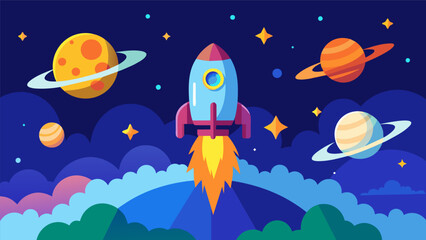 Experience the thrill of a rocket launch and a journey through space in this captivating app.. Vector illustration