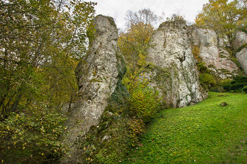 Autumn landscape. A rock in an autumn forest