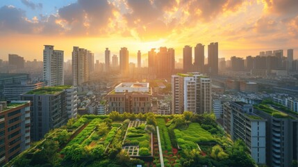 A city skyline dotted with rooftop gardens and green spaces, enhancing urban life