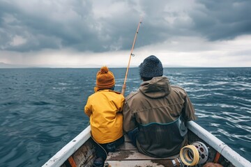 dad and his kid fishing together on fishing boat.