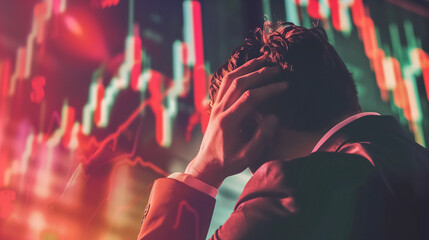 Stressed trader in front of fluctuating stock market graphs, showcasing the intense pressure and anxiety associated with financial trading and investments. 