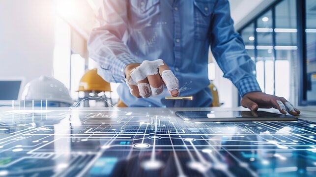 Engineer and architect analyze project under construction with new technology and innovation on digital tablet and network of construction icons on futuristic virtual interface.