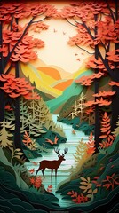 Autumn forest, green to fiery reds and oranges, seasonal shift, color gradient papercut, 3D style