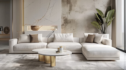 The simplicity and minimalism of this living room are complemented by luxurious elements, such as marble tables and gold accents, which add elegance and modern chic to the interior.