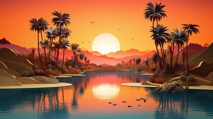 Desert oasis, palms and water reflecting the sunset, serene solitude, papercut landscapes, 3D style
