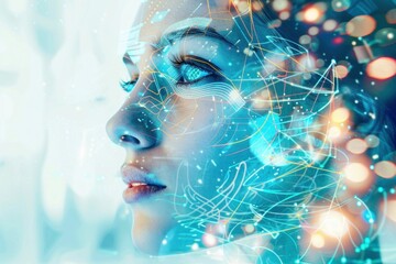 Futuristic portrait of a woman with glowing lines on her face and a digital face on her head