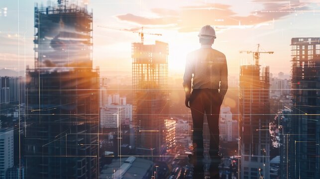 rear view of professional engineer manager standing concentrate focus multi exposure with building construction industry background construstion engineer concept.ai