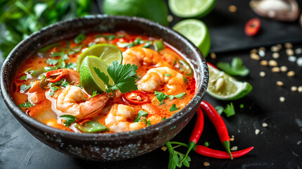 Spicy shrimp soup Tom Yum with fresh herbs, lime, and chili peppers; a vibrant, flavorful dish presented in a rustic bowl on a dark surface.