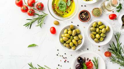 Fresh green and black olives, ripe tomatoes, herbs, spices, and olive oil on a textured white surface. 