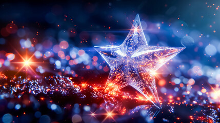 Sparkling star ornament amidst vibrant red and blue lights, capturing the essence of a magical, festive atmosphere ideal for holiday and celebration themes.