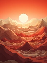 Sunset over geometric mountains, sharp contrasts, long shadow, papercut 3D style