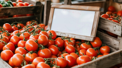 Bright red tomatoes fill a wooden crate at a market. Blank white wooden frame in the centre. Perfect for organic food and healthy lifestyle content.