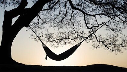 A tree silhouette with a hammock strung between it