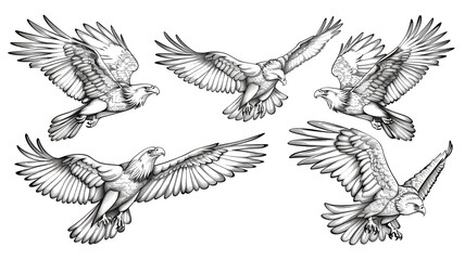 Set of outline eagles in different poses on a white background