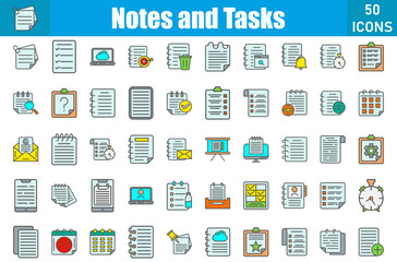 Notes And Tasks icon set. Containing Book, diary, note, notebook, notepad, notes and more. Vector web icons collection