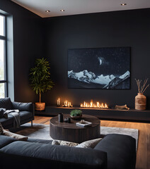 Modern cozy interior of living room with poster canvas on empty black color wall background