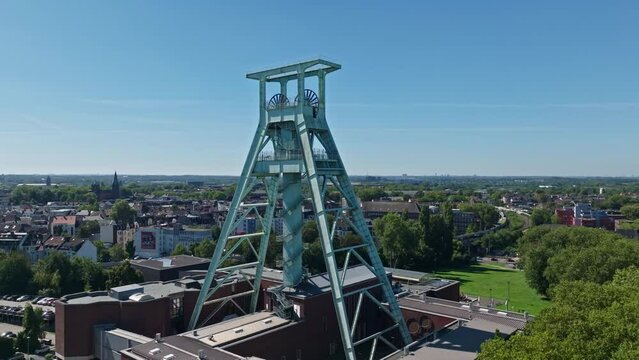 Aerial drone view of the German Mining Museum, also known as Deutsches Bergbau-Museum Bochum. This major museum showcases the history and technology of mining, featuring mineral specimens .