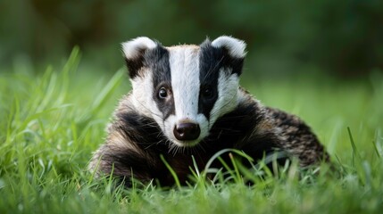 A badger is sitting in the grass looking at something, AI