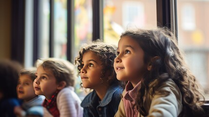 Obraz premium group of students of varying ages and ethnicities looking out a large classroom window. 