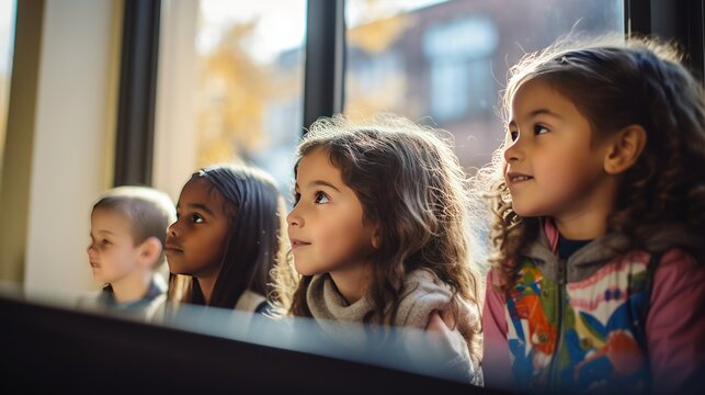 group of students of varying ages and ethnicities looking out a large classroom window.