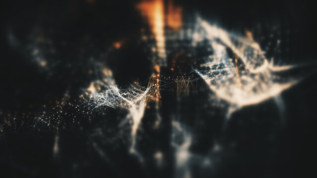 Futuristic abstract particles de-focus in cyber space digital background environment.
Created in After Effects using Trapcode Form / Particular