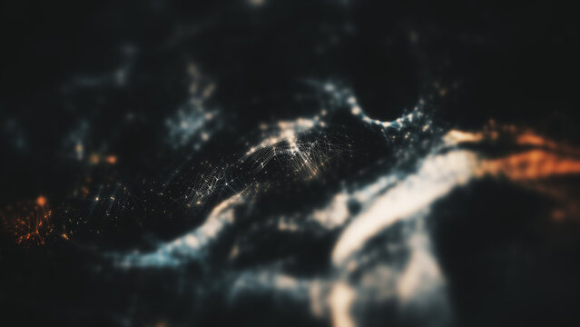 Futuristic abstract particles de-focus in cyber space digital background environment.
Created in After Effects using Trapcode Form / Particular