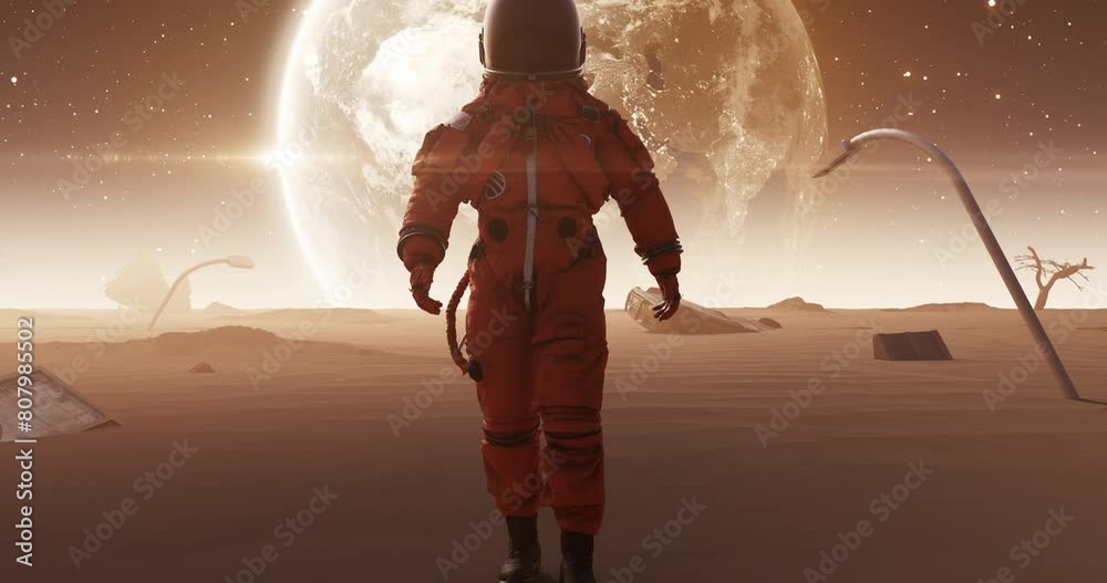 Wall mural a person in an astronaut suit, walks among abandoned city ruins. great destruction related 3d cg 4k 