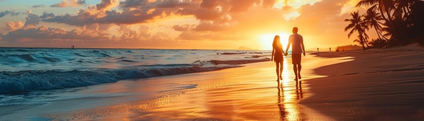 Fototapeta premium A couple walking hand-in-hand along a beach at sunset