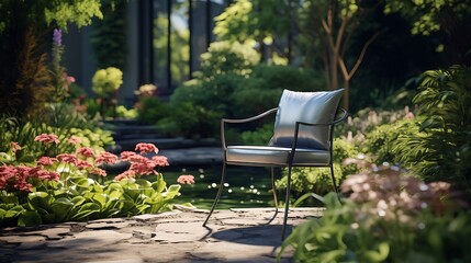 A sleek metal patio chair overlooking a lush garden, perfect for enjoying morning coffee outdoors