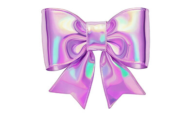 Cute 3D bow on a transparent background. Holographic sparkling element in Y2K style. Liquid chrome, vintage girly accessory in bright pink color, icon, metal surface.