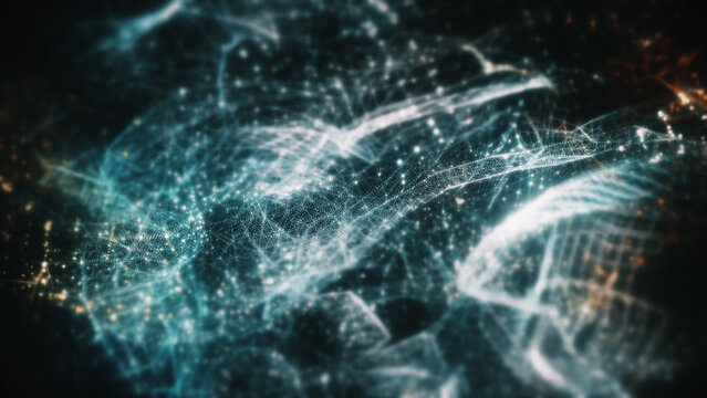 Futuristic abstract particles de-focus in cyber space digital background environment.
Created in After Effects using Trapcode Form / Particular