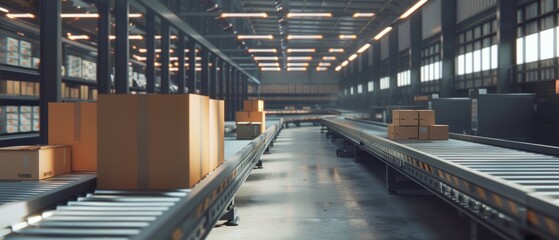 Fototapeta premium A modern warehouse the prepares online shopping orders, retail parcels and cardboard boxes for shipment on an automated conveyor belt