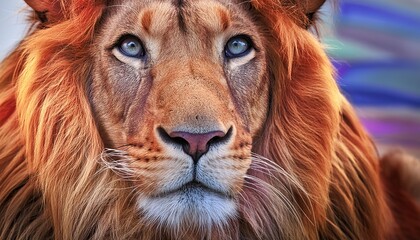 Majestic lion portrait with a vibrant orange mane against a blue-purple backdrop, conveying strength and regality.
