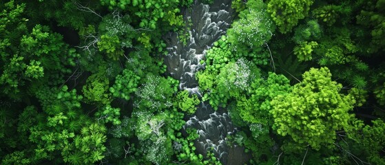 The photo shows the lush green forest from above. The sunlight shines through the leaves of the trees. The river flows through the middle of the forest.