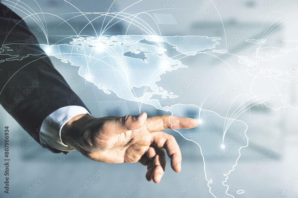 Poster Double exposure of man hand working with abstract digital world map hologram with connections on blurred office background, big data and blockchain concept