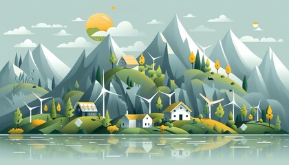 detailed side view of a charming mountain village with renewable energy sources and eco-conscious infrastructure, blending realism and artistic flair in a vibrant vector art style to showcase